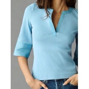 Maeve Anthropologie Light Blue Ribbed Knit Top 3/4 Sleeves Preppy Fitted Size S